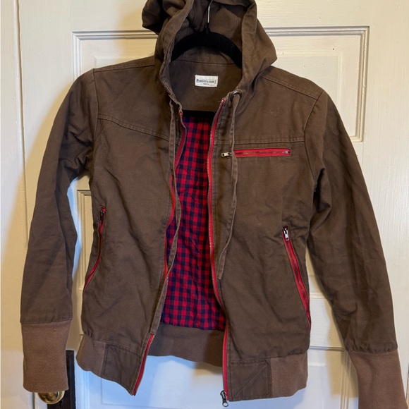 bridge & burn Jackets & Blazers - Bridge & Burn Brown Canvas Hooded Jacket with Cute Red Accents